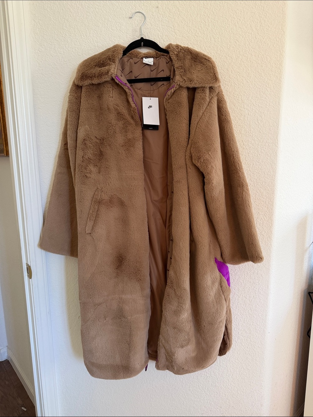 Nike Women's Faux Fur Long Coat in Brown with Purple Accent
